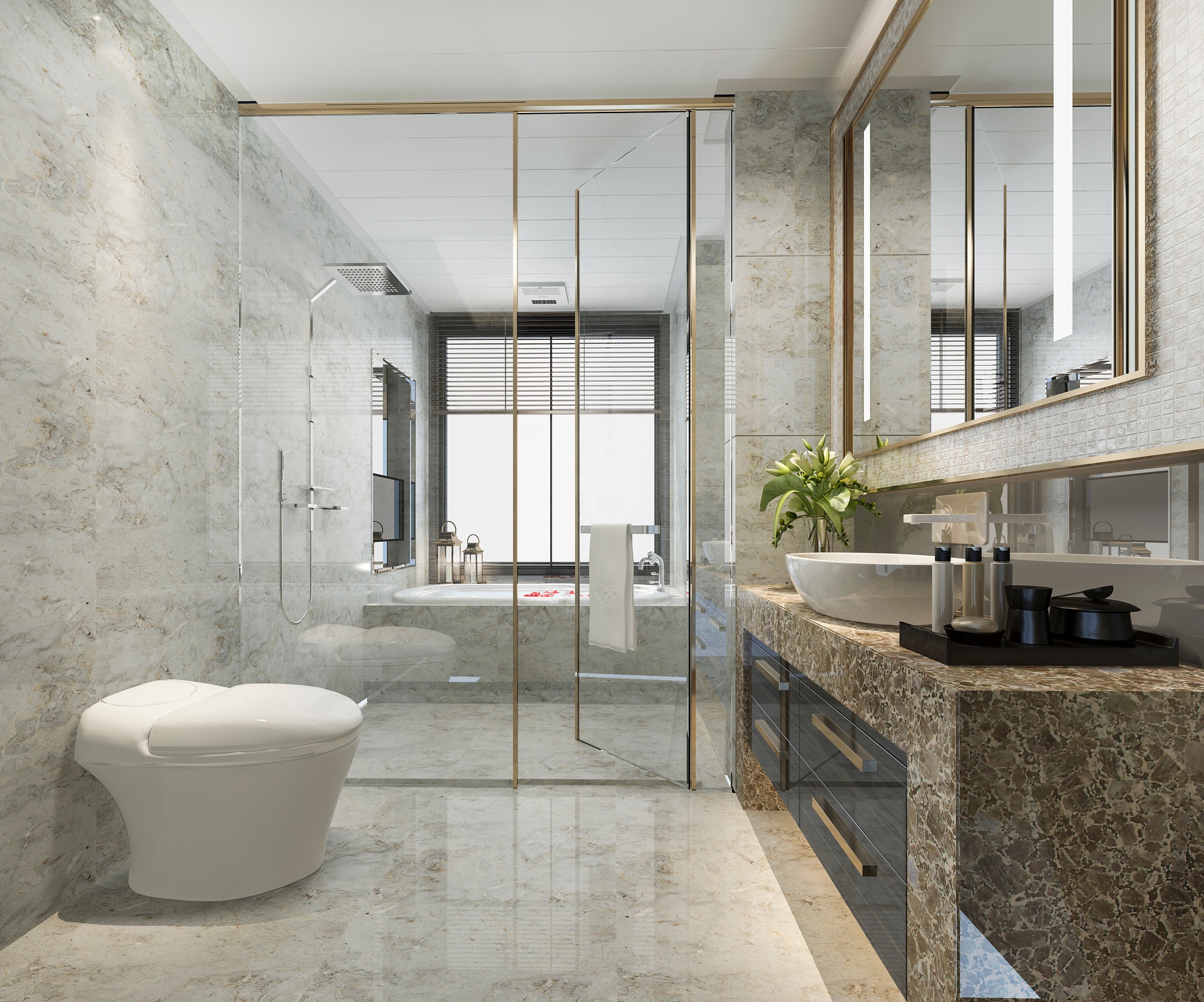 3d rendering classic modern bathroom with luxury tile decor