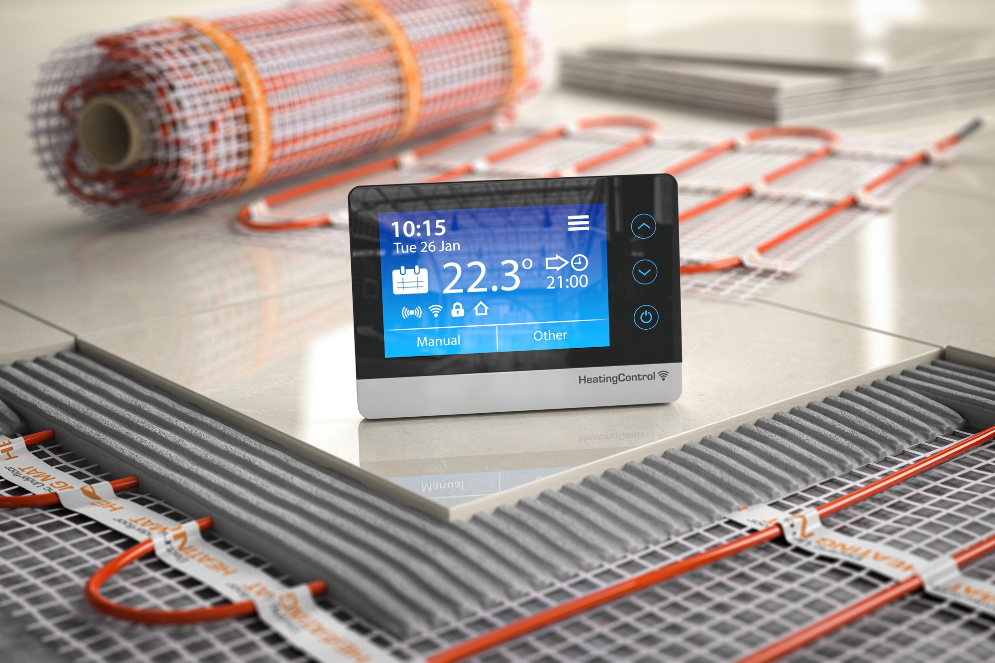 Underfloor heating. Heating climat control thermostat with mat