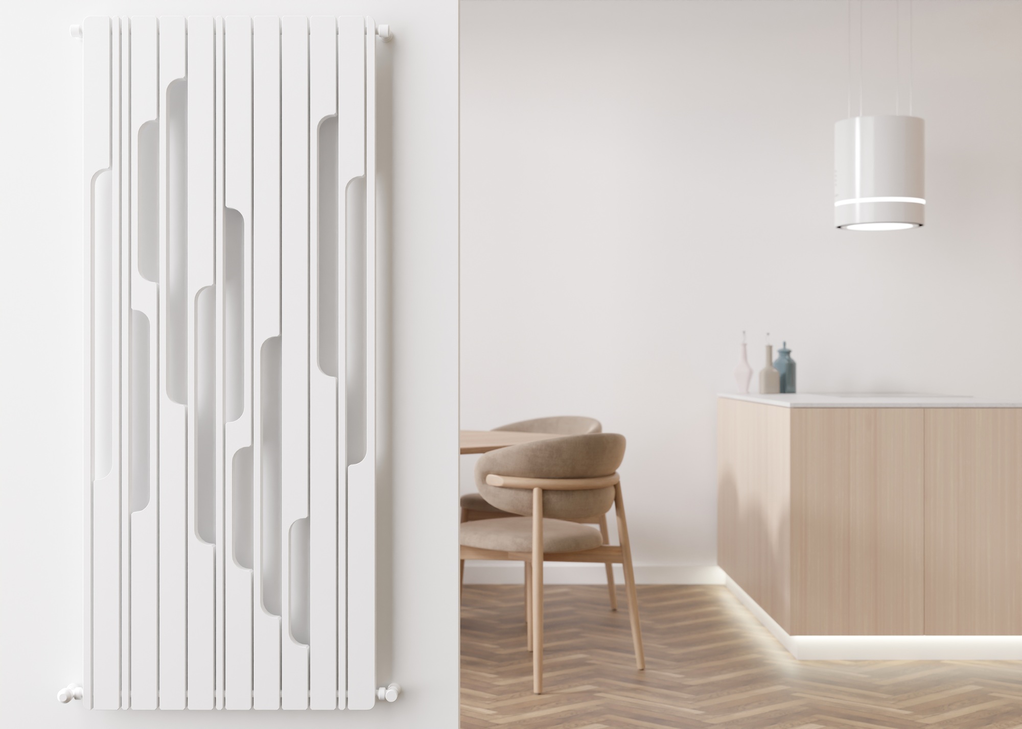 White heating radiator on white wall in modern room. Home interior. Beautiful design radiator