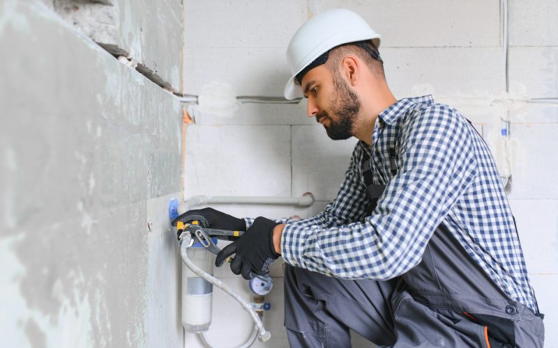 Horizontal snapshot of young plumber working with grey sewer pipes